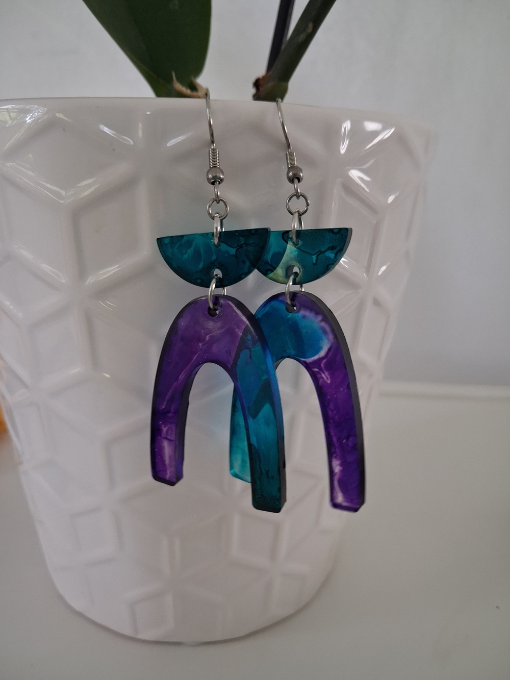 Teal and Purple Acrylic Arch Drop Earrings